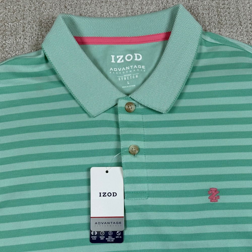 NEW Izod Mens Large Green Striped Advantage Performance Stretch Golf Polo Shirt